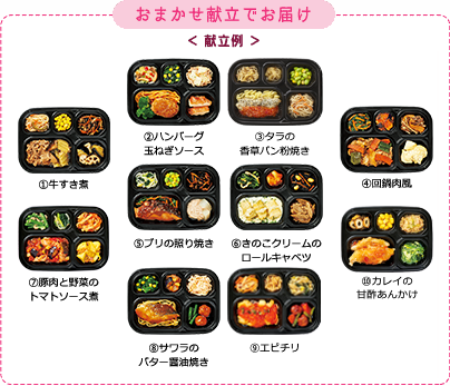 1.牛すき煮、2.チキンハンバーグおろしぽん酢、3.鶏の唐揚げ、4.回鍋肉風、5.鶏肉と野菜の焼肉風、6.アジの西京焼き、7.八宝菜、8.赤魚のみりん焼き、9.サーモンフライ、10.鶏肉の玉子あん