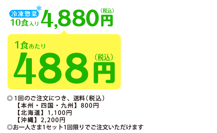 冷凍惣菜10食入り4900円（税込）1食あたり490円（税込）