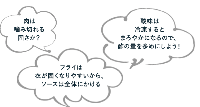 肉は噛み切れる固さか？／酸味は冷凍するとまろやかになるので、酢の量を多めにしよう！／フライは衣が固くなりやすいから、ソースは全体にかける　など、一品ごとのおいしさはもちろん、一食全体での味のバランスや献立の組み合わせにもこだわっています。