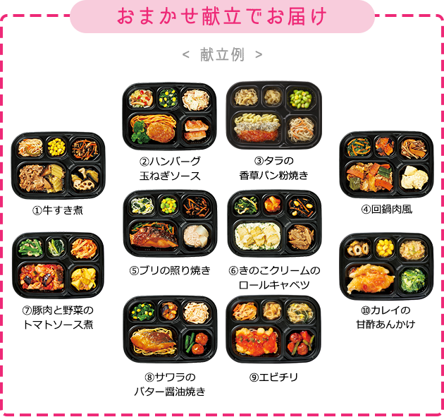 1.牛すき煮、2.チキンハンバーグおろしぽん酢、3.鶏の唐揚げ、4.回鍋肉風、5.鶏肉と野菜の焼肉風、6.アジの西京焼き、7.八宝菜、8.赤魚のみりん焼き、9.サーモンフライ、10.鶏肉の玉子あん